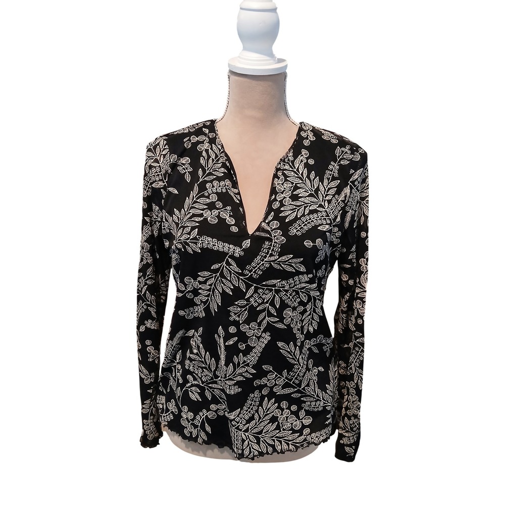 Sigrid Olsen Sport Womens Black Dark Fairy V-Neck Mesh Top  Large Lettuce Hem